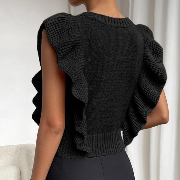 Black Preppy Womens Cable Knit Ruffle Trim Sweater Vest - Picture 2 of 5